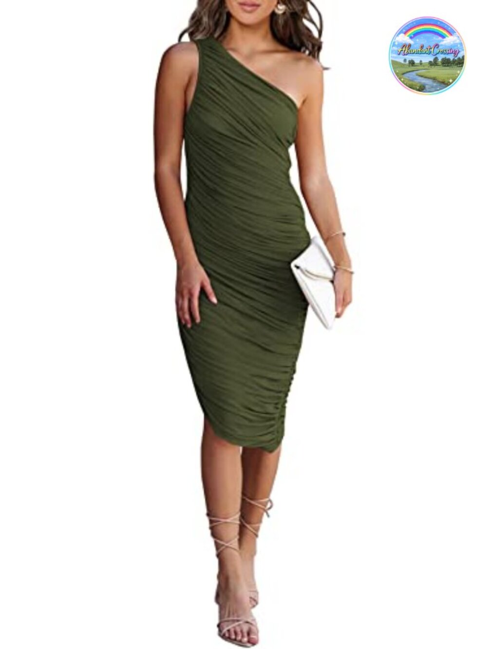 One Shoulder Ruched Bodycon Midi Dress Sleeveless Pencil Party